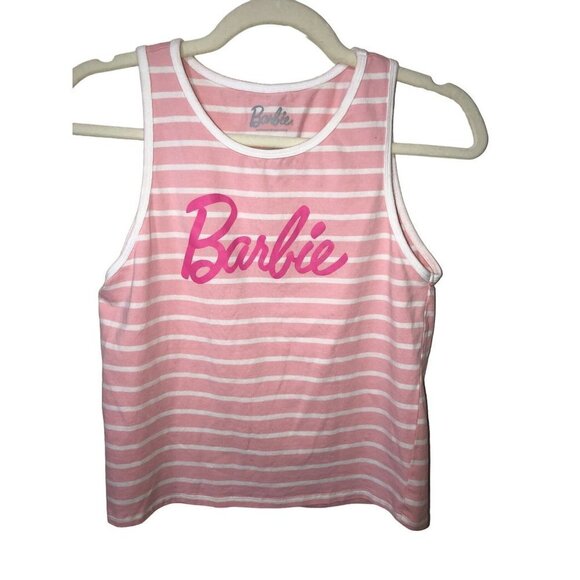 Barbie Tank Top Size Large Juniors Pink White Stripe Graphic Cotton Sleeveless - Picture 1 of 5